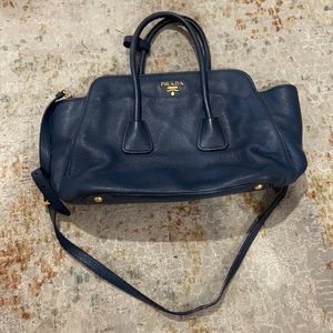 Authentic Prada Navy Blue Vitello Daino Leather Front Pocket Wing Tote